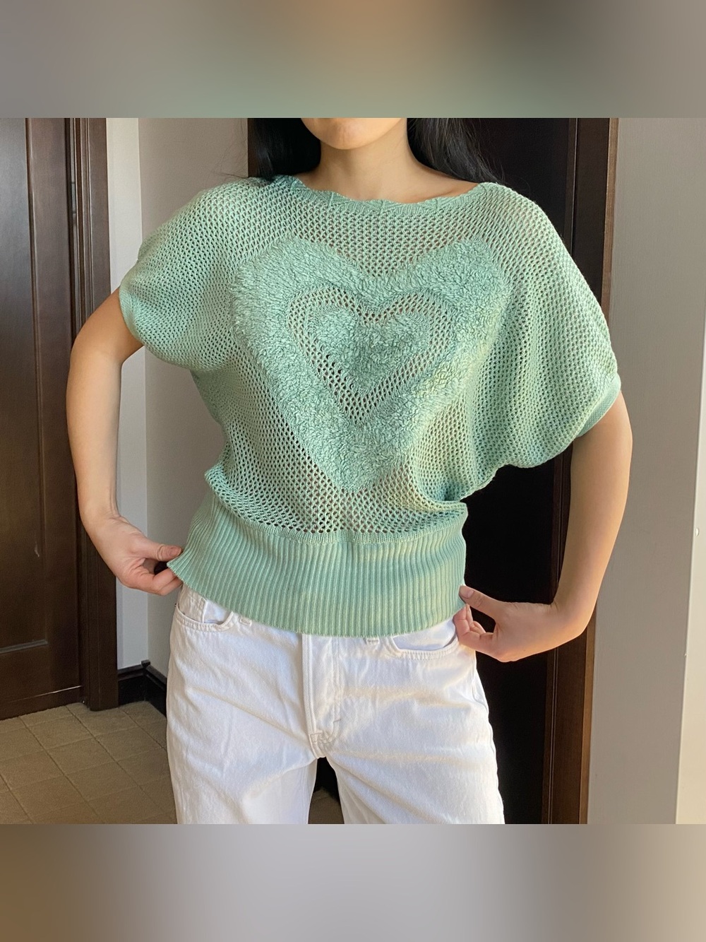 Vintage green heart knit poncho